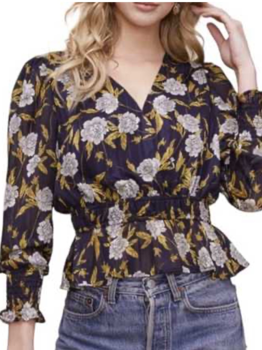 Astr Navy Floral Peplum Blouse